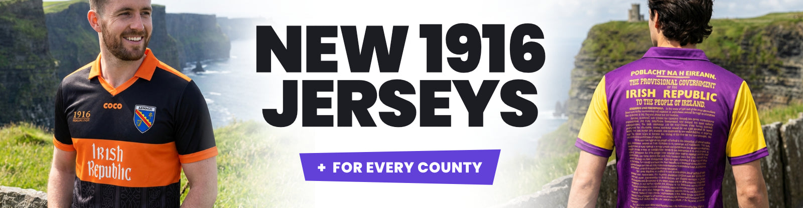 Two men wearing sports jerseys with scenic background and promotional text for 'New 1916 Jerseys'.