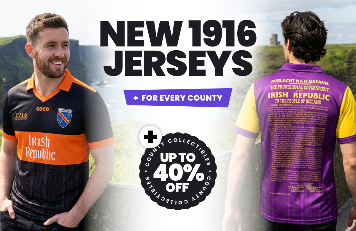 Promotional image of New 1916 jerseys with a man wearing an orange and black jersey and another wearing a purple and yellow jersey, set against a scenic background.