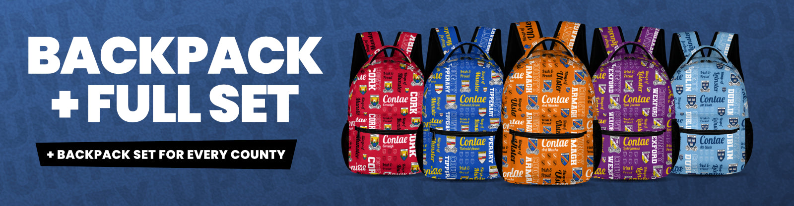 Set of colorful backpacks with text on a blue background