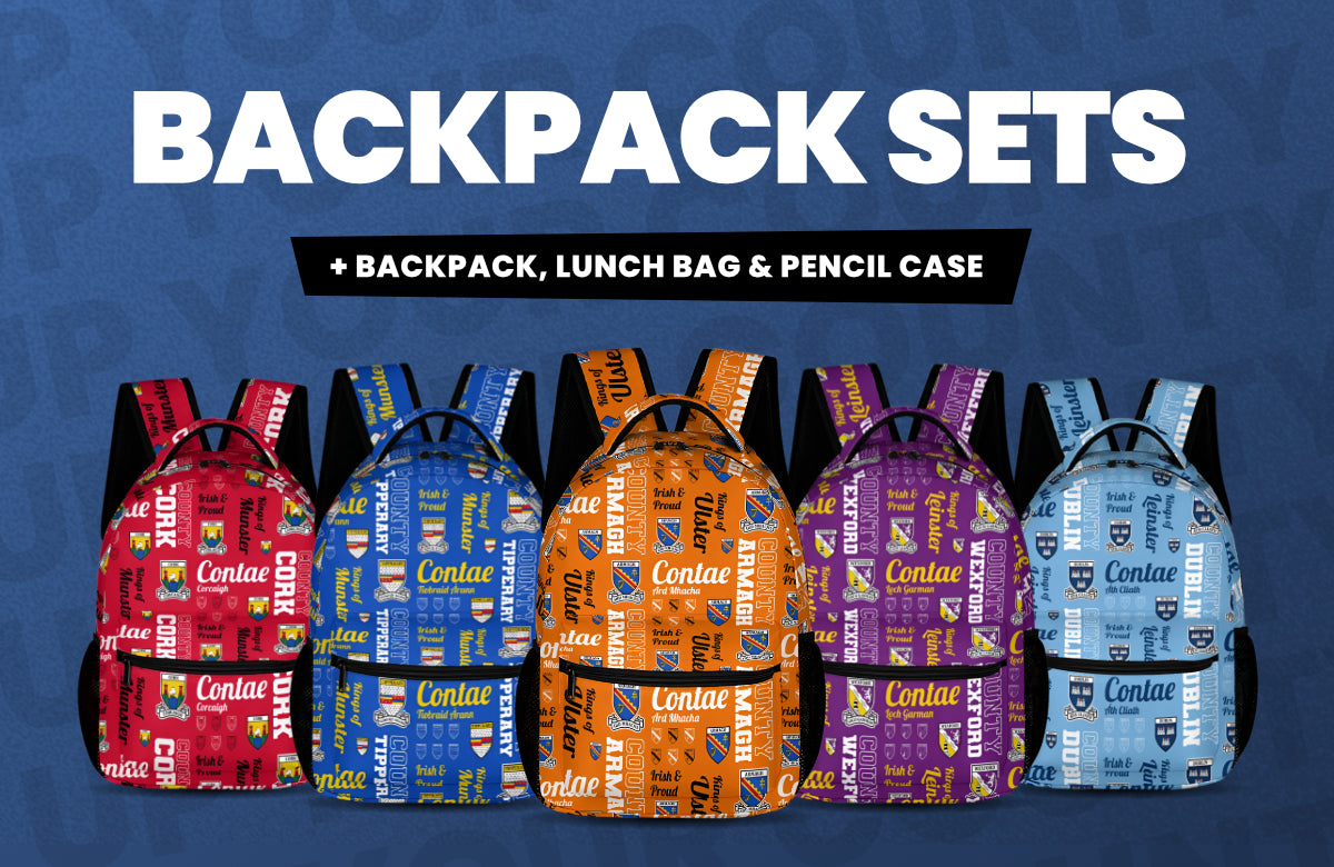 Set of colorful backpacks, lunch bags, and pencil cases on a blue background with 'Backpack Sets' text.
