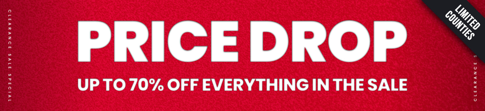 Red sale banner with 'Price Drop' and 'Up to 70% Off' text on a red background