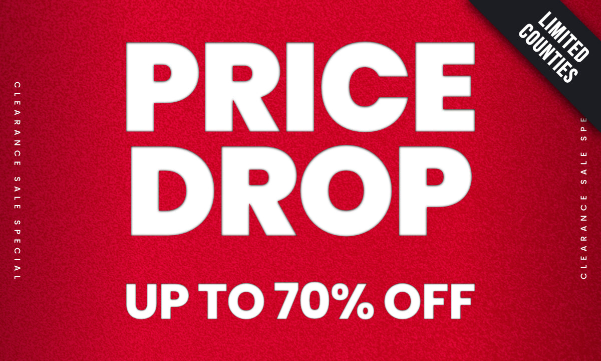Promotional banner with 'Price Drop Up to 70% Off' text on a red background