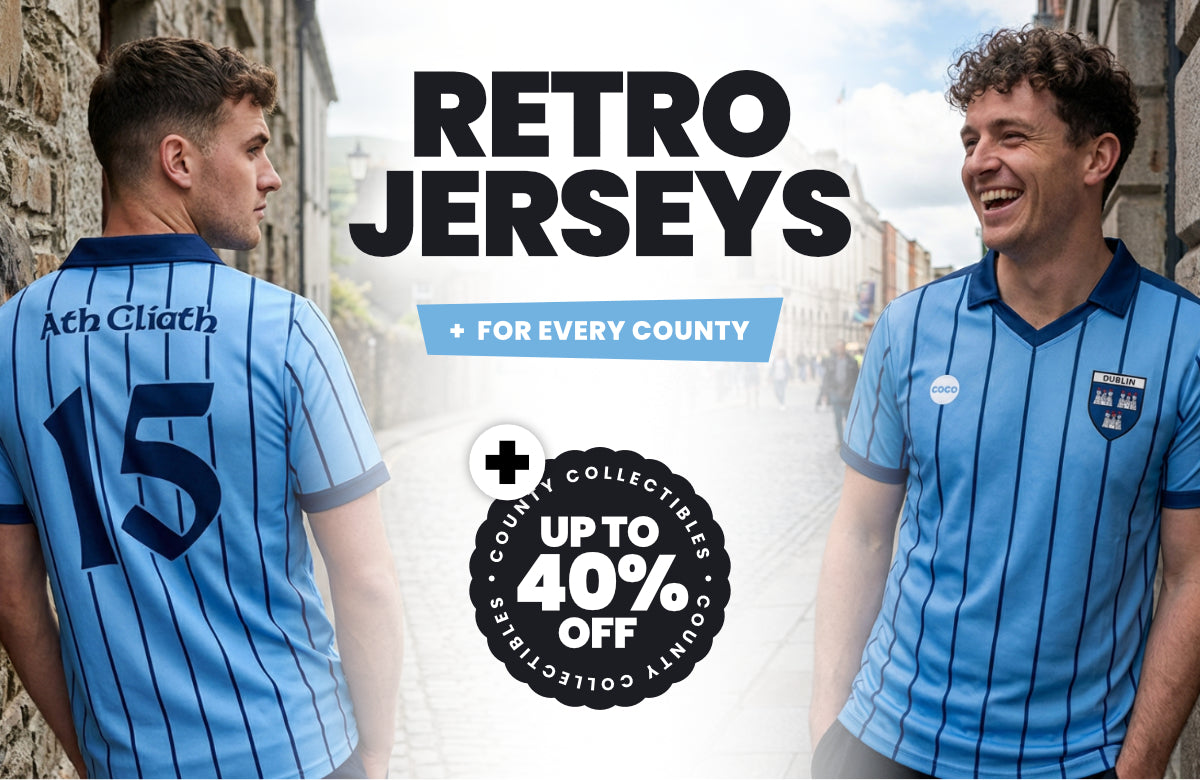 Two men wearing blue retro jerseys with promotional text about collectible jerseys and discounts.